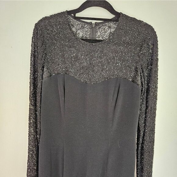 Vintage Black Tie Oleg Cassini Intricately Beaded Long Sleeve Evening Dress 12 - Picture 5 of 11